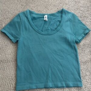 Ribbed Scoop Neck Crop Tee Teal Blue